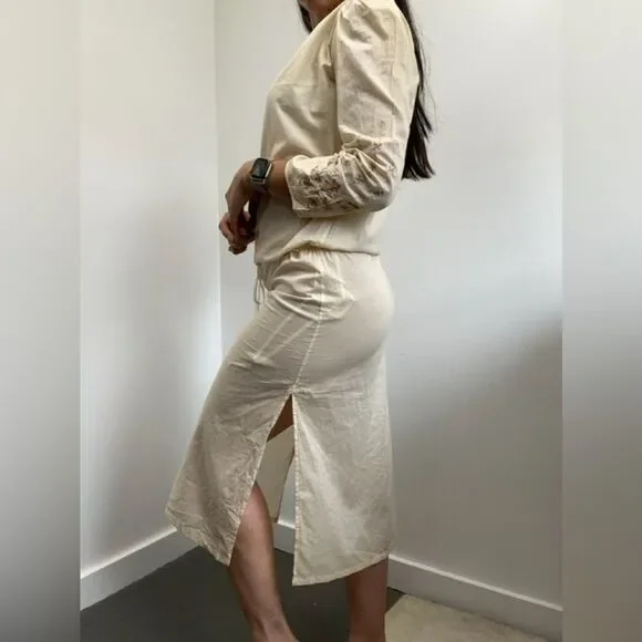 Vintage 90’s Express Beige Boho Embroidered Cotton Midi Long Sleeve Dress XS - Picture 9 of 10